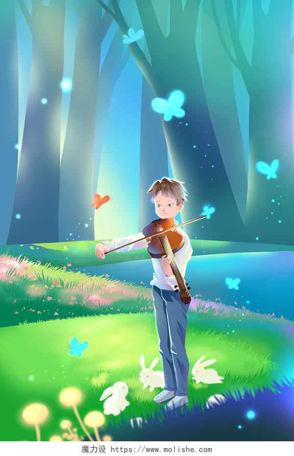 唯美森林里拉小提琴的男孩唯美夏天夏日立夏夏季森林插画